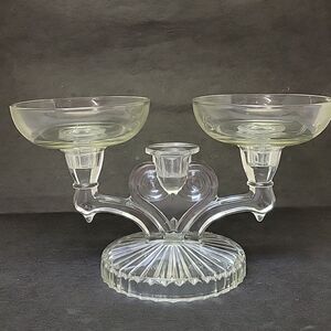 Vintage Jeannette Glass COSMOS Triple Candle Candlestick Clear Glass Candelabras